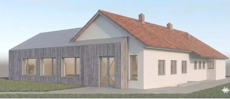 Visualisierung: neuer Gottesdienstsaal als Holzbau mit großen Fenstern und Zinkdach, angebaut an das bestehende Gemeindehaus